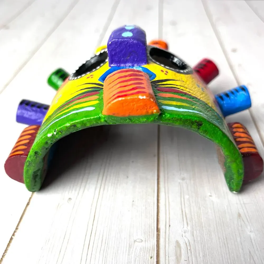 Aya Huma Mask Artisan Crafted Carved Wood Ecuador Bright Colors Rainbow 4.5